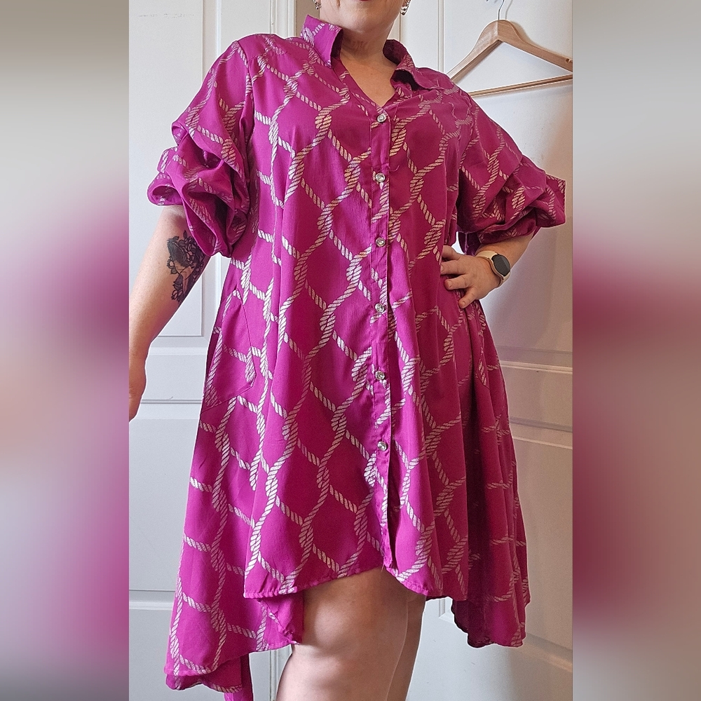 Magenta, Knee-length Shirt-dress with a Rope-like Pattern -Size 3x